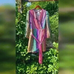 Harlyn Sequin Rainbow Stripe Surplice V-Neck Wrap Dress Size S